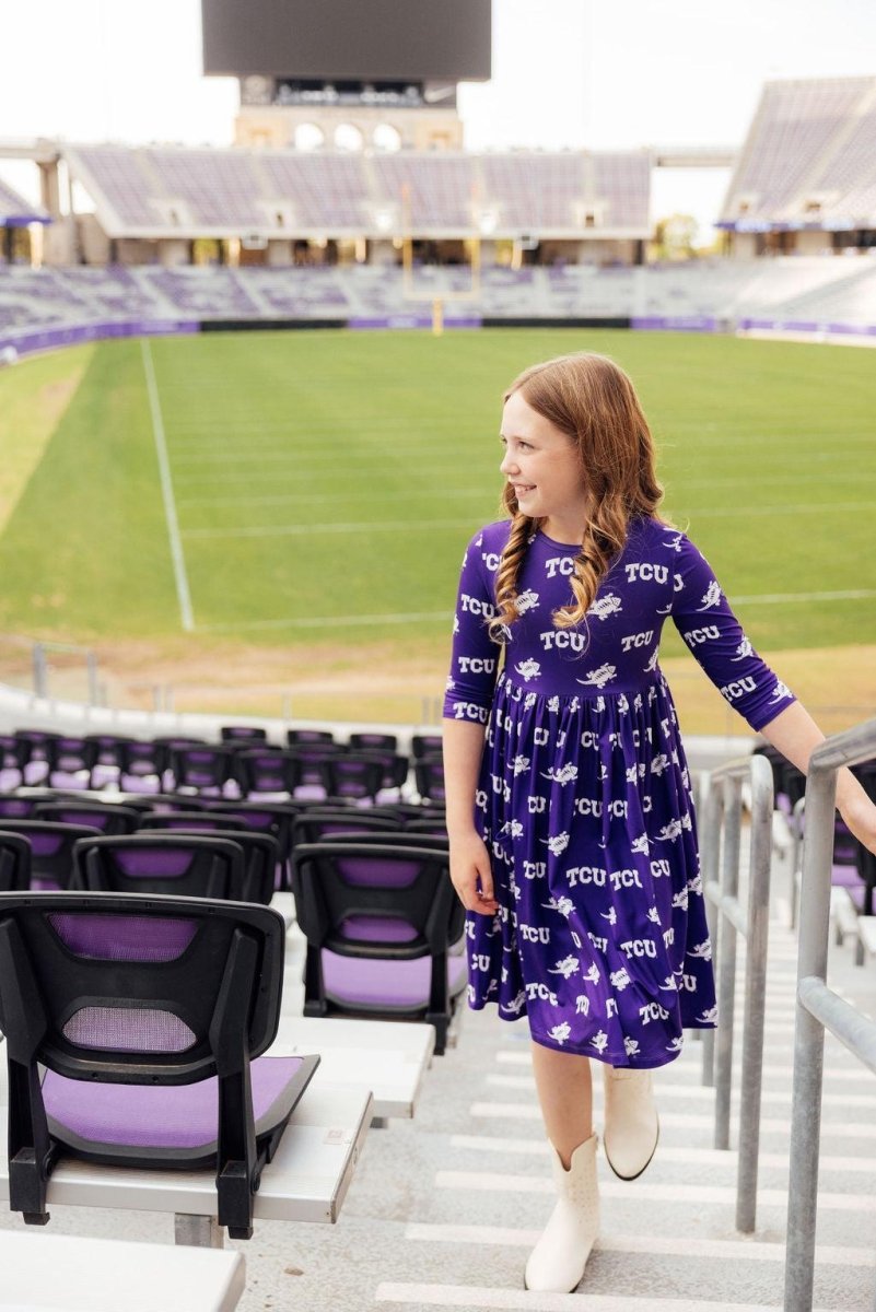 TCU Purple Frog Three Quarter Sleeve Pocket Twirl Dress - Everetts Place Boutique - 