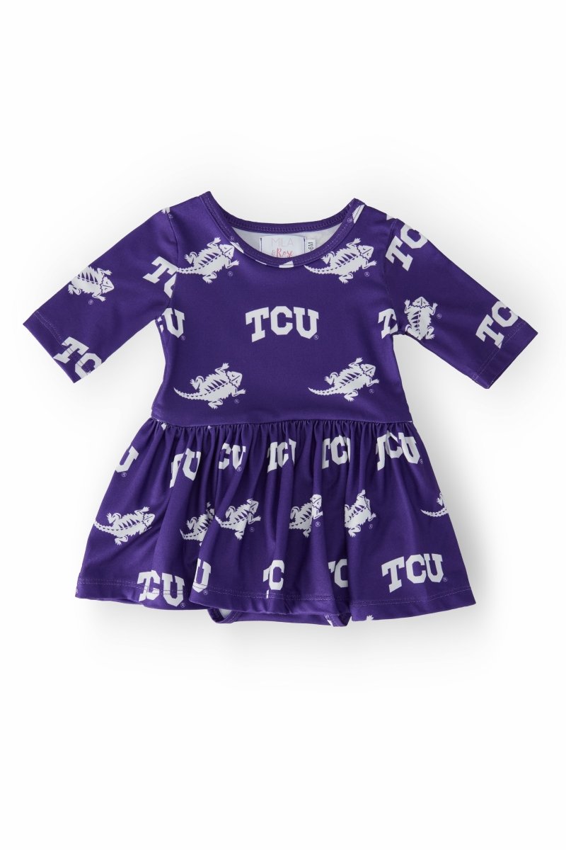 TCU Purple Frog Twirl Bodysuit Dress Three Quarter Sleeve - Everetts Place Boutique - 