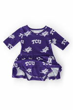 TCU Purple Frog Twirl Bodysuit Dress Three Quarter Sleeve Mila & Rose ® Everetts Place: Online Boutique