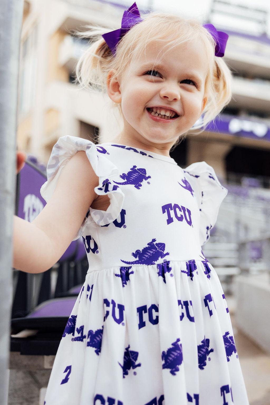TCU White Frog Flutter Twirl Dress for Game Day Girls Mila & Rose ® Everetts Place: Online Boutique