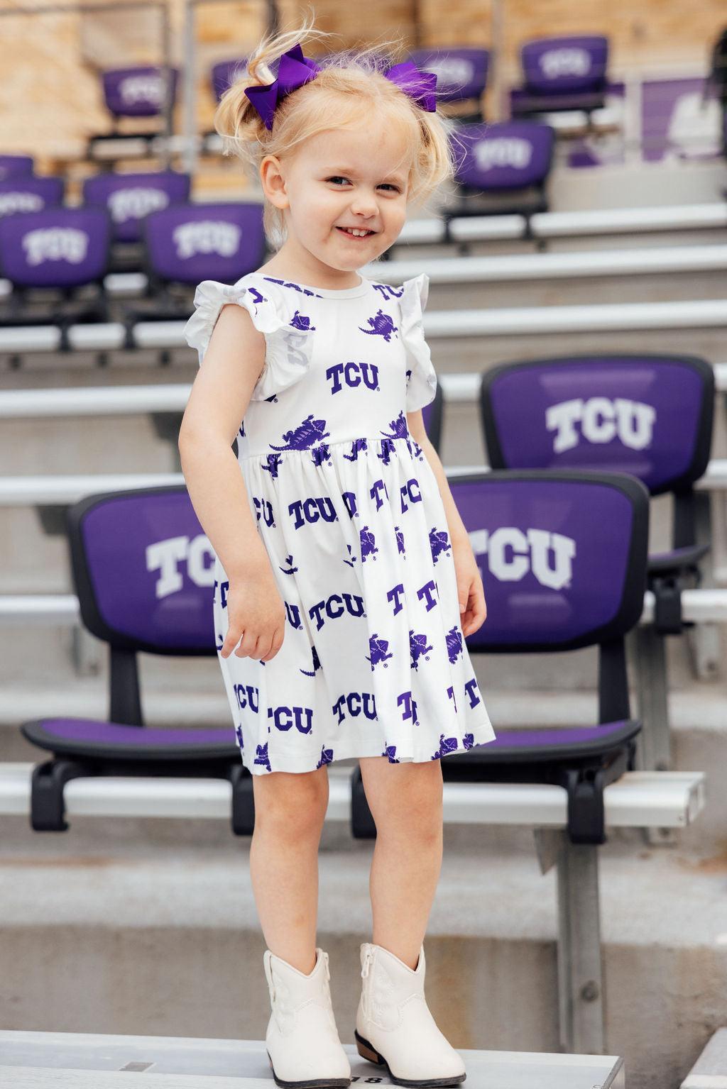 TCU White Frog Flutter Twirl Dress for Game Day Girls Mila & Rose ® Everetts Place: Online Boutique