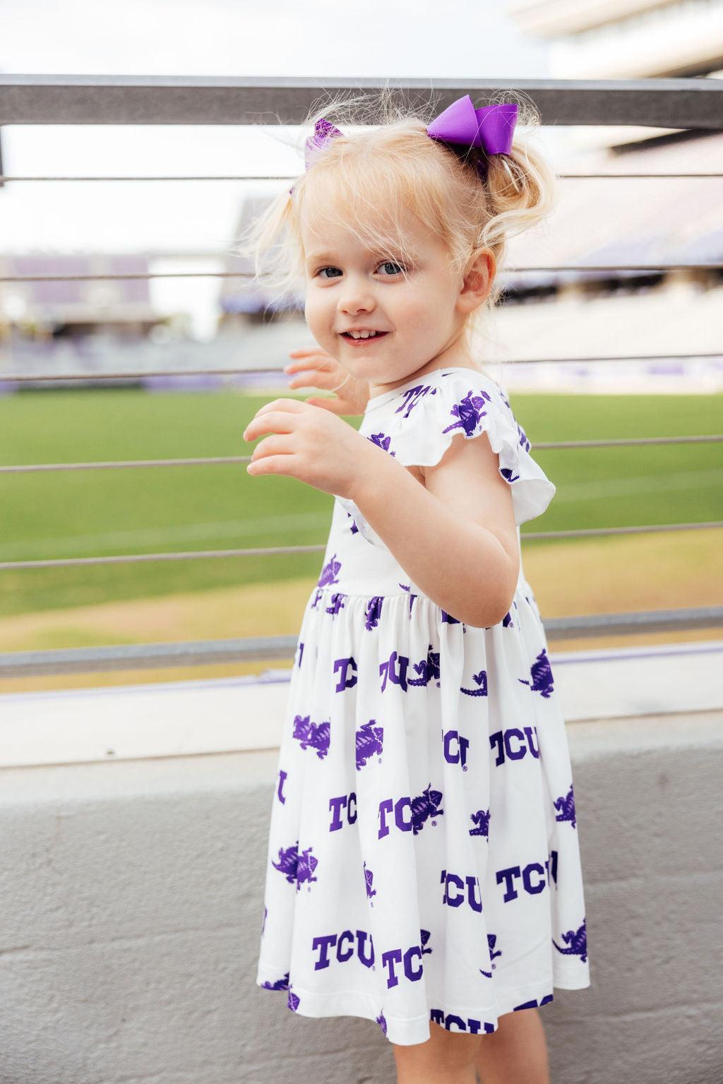 TCU White Frog Flutter Twirl Dress for Game Day Girls Mila & Rose ® Everetts Place: Online Boutique