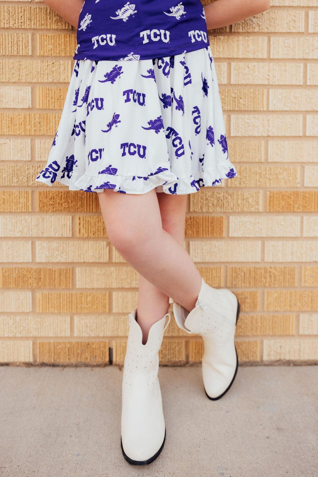 TCU White Frog Ruffle Twirl Skort For Girls Game Day Ready Mila & Rose ® Everetts Place: Online Boutique