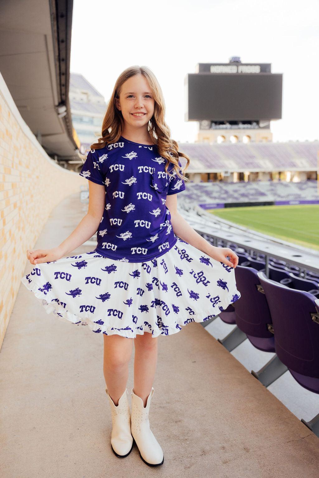 TCU White Frog Ruffle Twirl Skort For Girls Game Day Ready Mila & Rose ® Everetts Place: Online Boutique