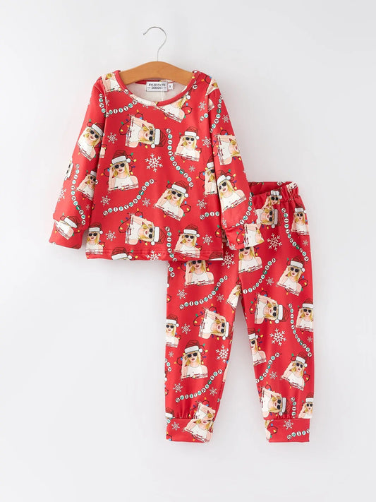 TS Christmas Print Red Girls Milk Silk Pajamas Rylee Faith Designs