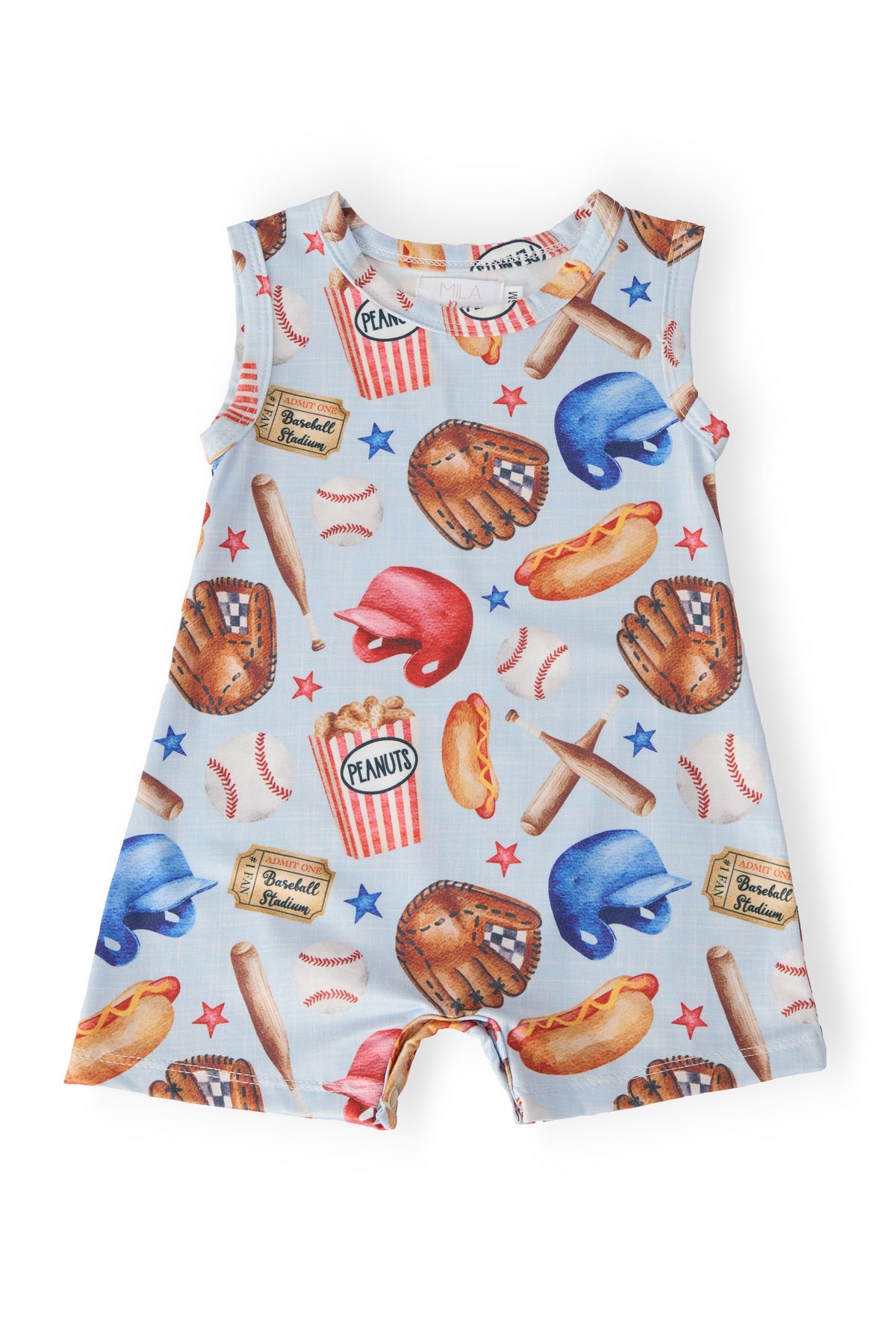 Mila & Rose Take Me Out to the Ballgame baseball print shorty one-piece baby romper