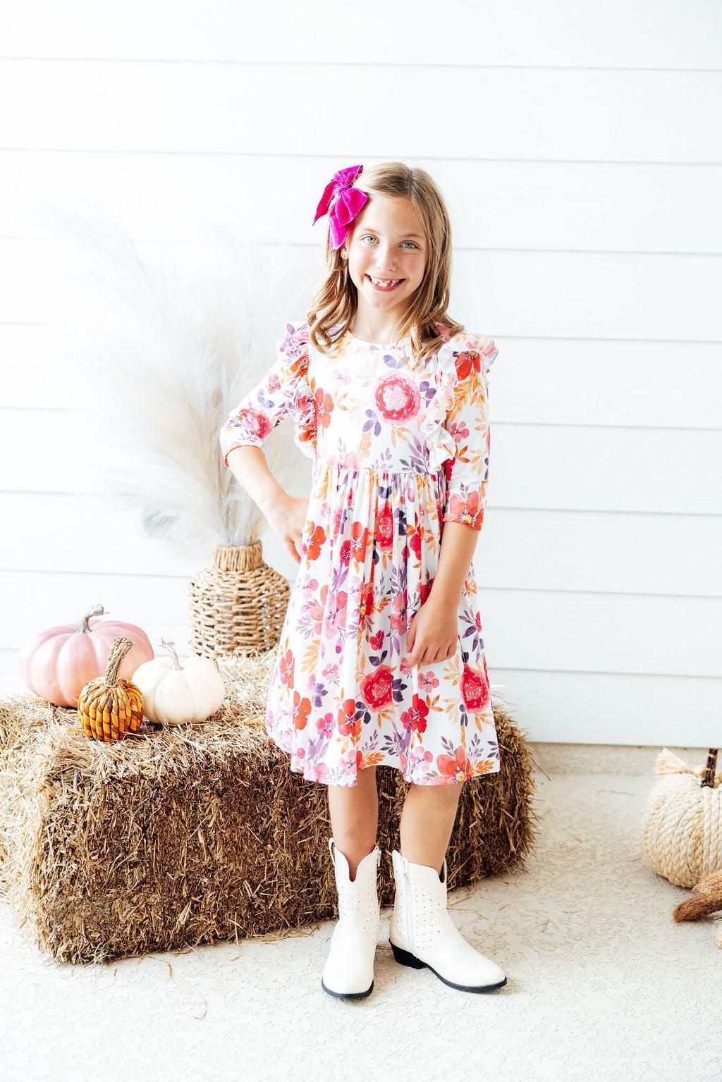 Tangerine Leaves Three Quarter Sleeve Ruffle Twirl Dress Mila & Rose ® Everetts Place: Online Boutique