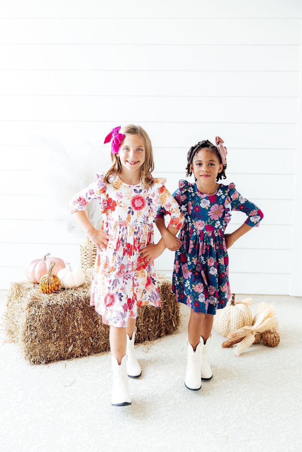 Tangerine Leaves Three Quarter Sleeve Ruffle Twirl Dress Mila & Rose ® Everetts Place: Online Boutique
