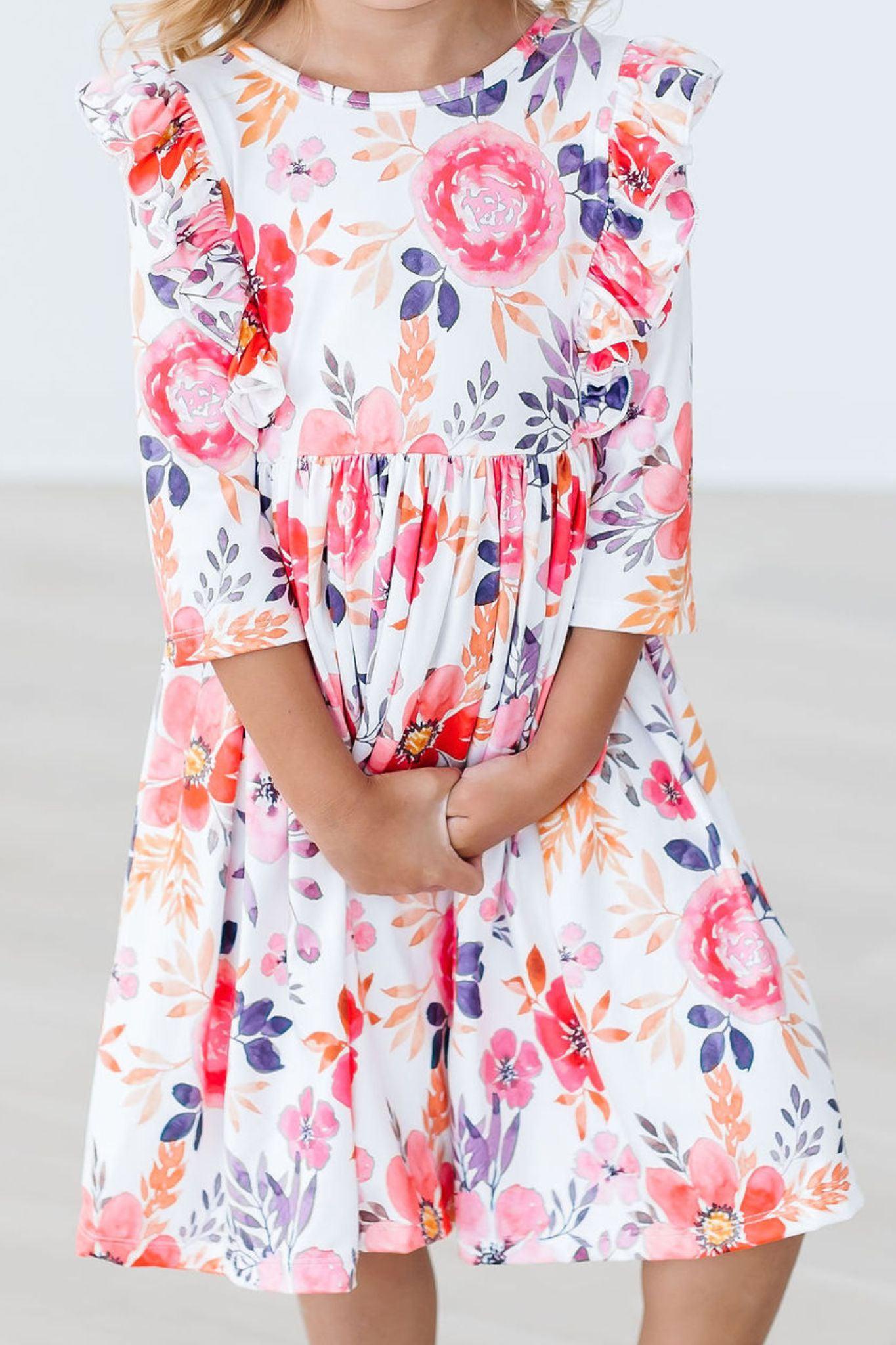 Tangerine Leaves Three Quarter Sleeve Ruffle Twirl Dress Mila & Rose ® Everetts Place: Online Boutique