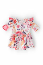 Twirl bodysuit in tangerine leaf print with 3/4 flutter sleeves and full twirl skirt