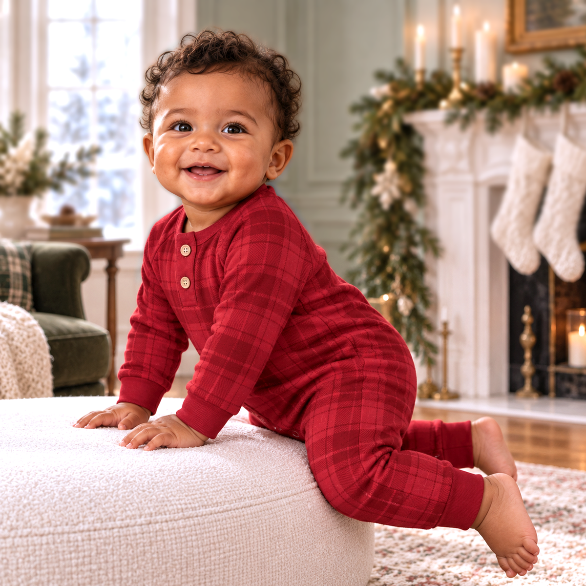 Red Plaid Baby Boy Henley Romper In Soft Cotton Rib by Tesa Babe