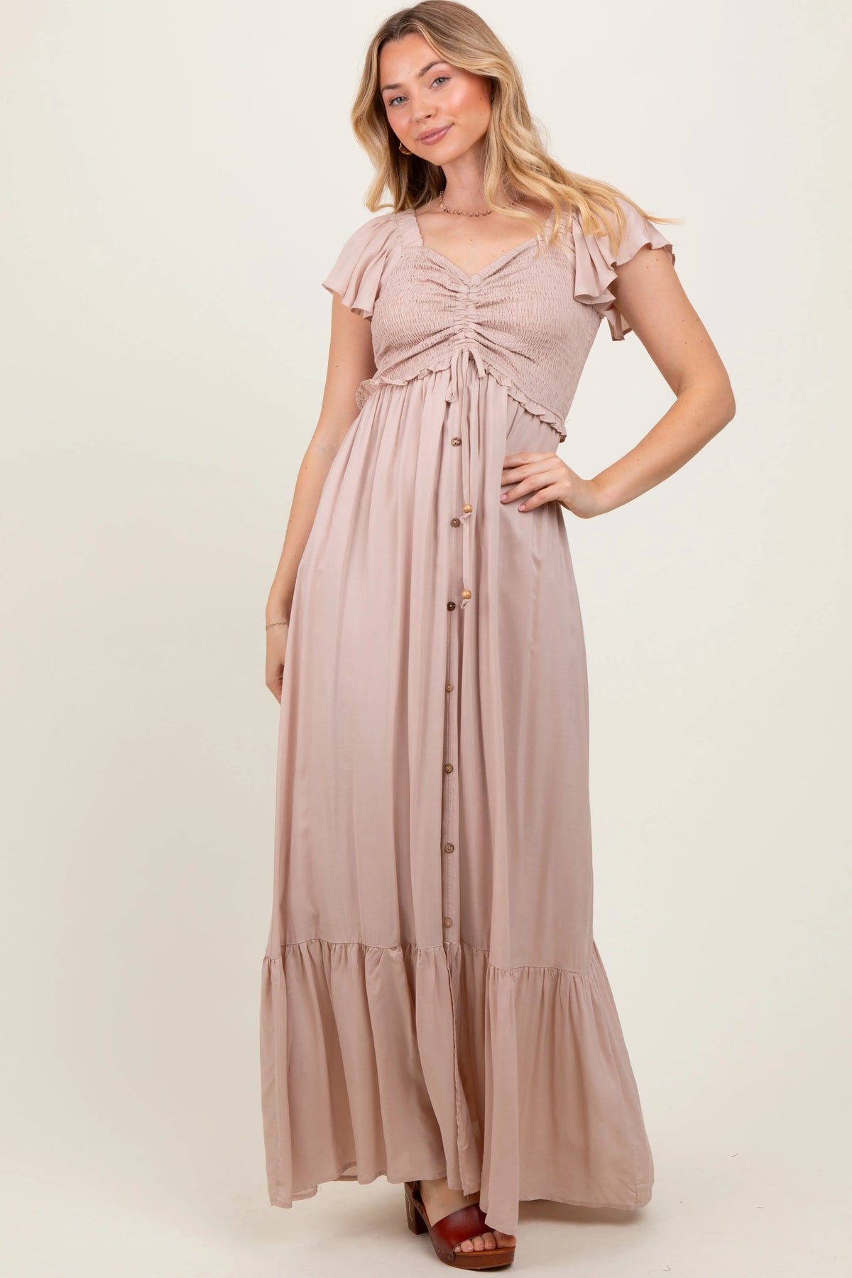 Taupe Smocked Top Woven Maxi Dress PinkBlush 