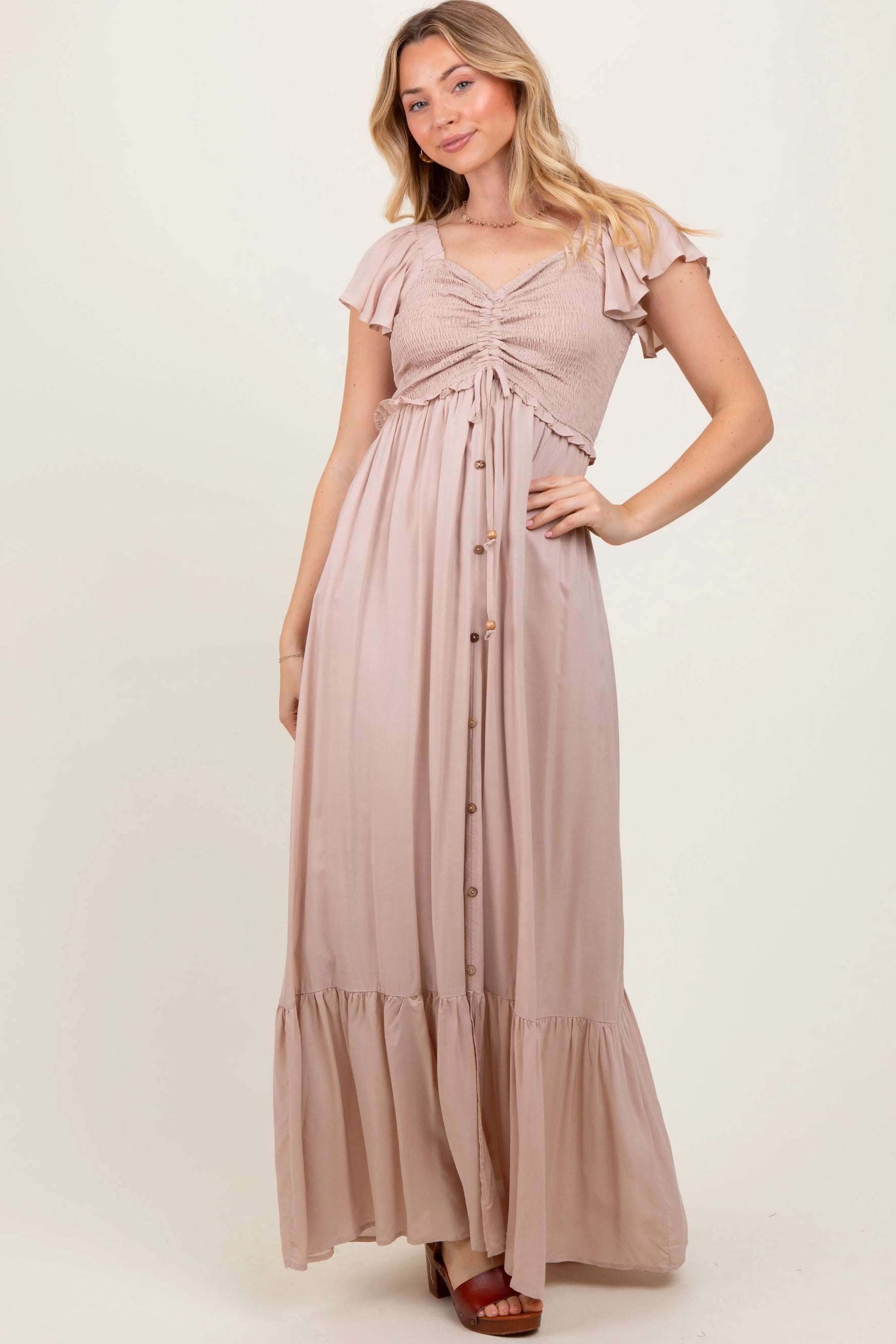 Taupe Smocked Top Woven Maxi Dress PinkBlush 