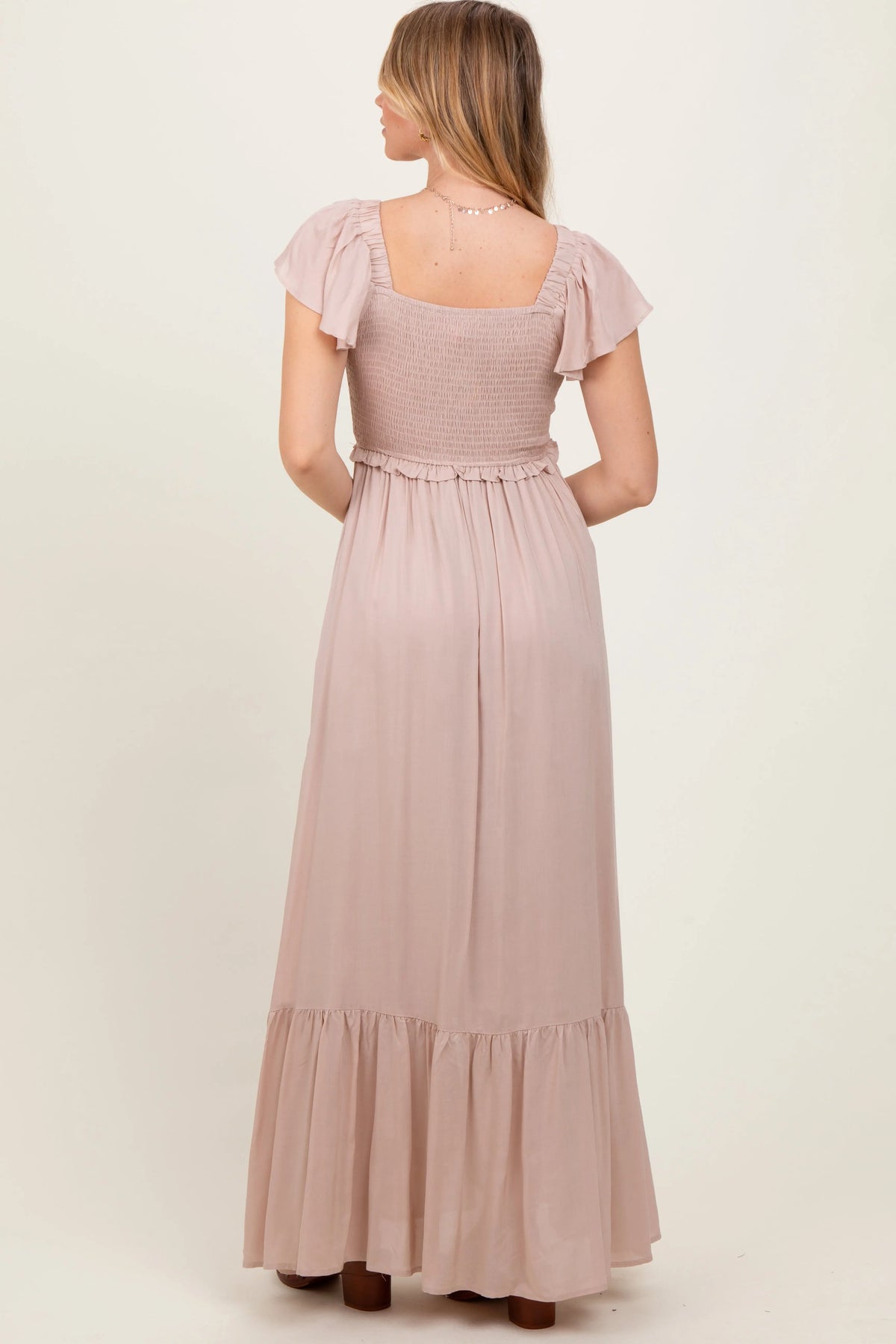 Taupe Smocked Top Woven Maxi Dress PinkBlush 