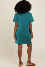 Teal Ribbed Rolled Cuff Dress PinkBlush 