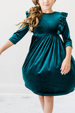Teal Velvet Ruffle Twirl Dress For Girls Mila And Rose - Everetts Place Boutique - 