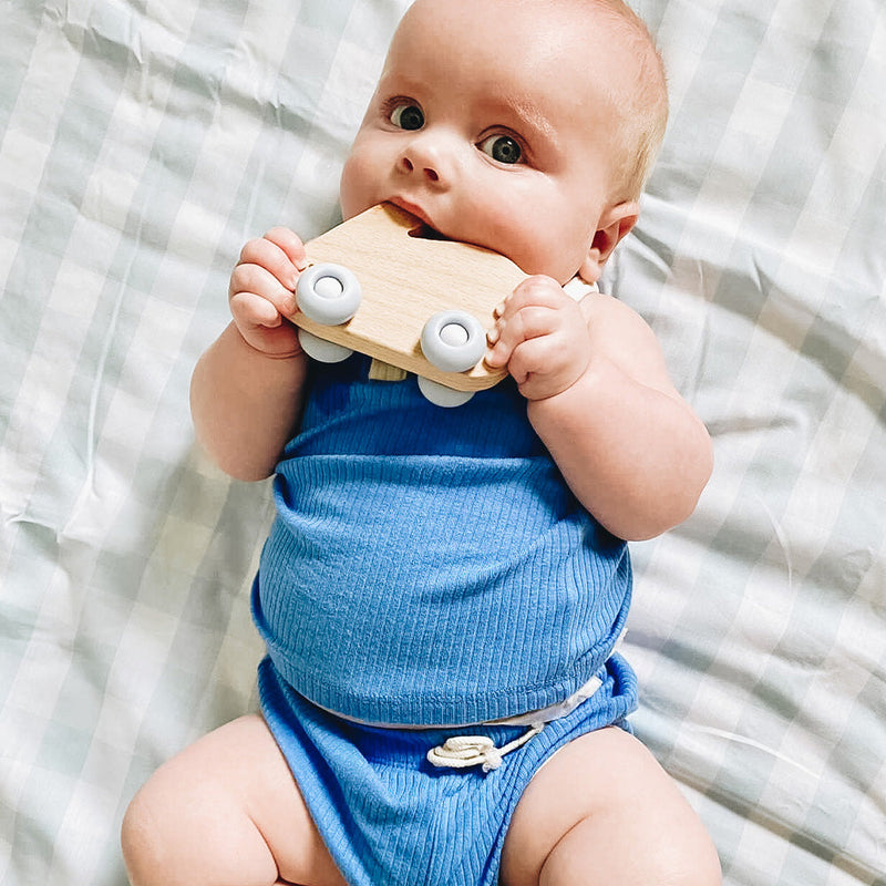 Blue Bunny Silicone + Wood Teether with Wheels Goosewaddle® | Newborn Baby Blankets Toys Teethers Bibs & More