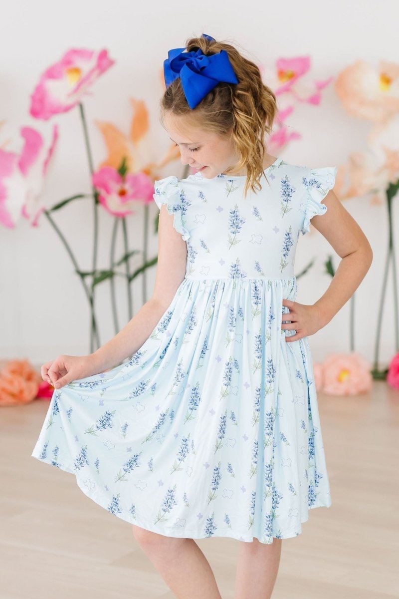 Texas Bluebonnets Flutter Sleeve Twirl Dress for Girls - Everetts Place Boutique - 
