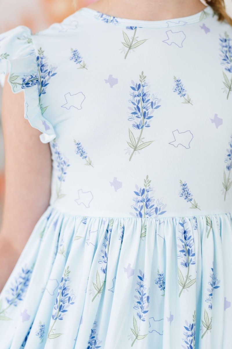 Texas Bluebonnets Flutter Sleeve Twirl Dress for Girls - Everetts Place Boutique - 