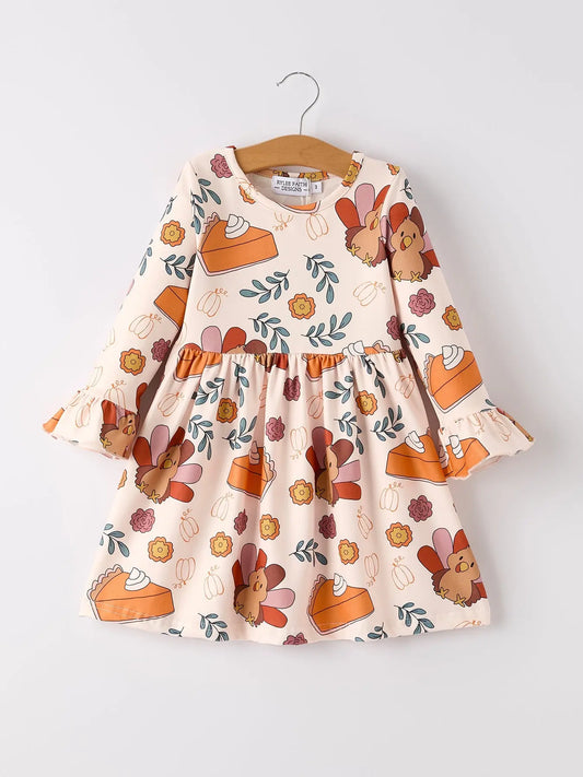 Thanksgiving Cute Turkey And Pie Print Design Girls Dress Rylee Faith Designs
