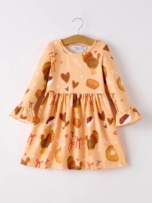 Thanksgiving Day Turkey Pie Print Ruffle Sleeve Dress Rylee Faith Designs Everetts Place: Online Boutique