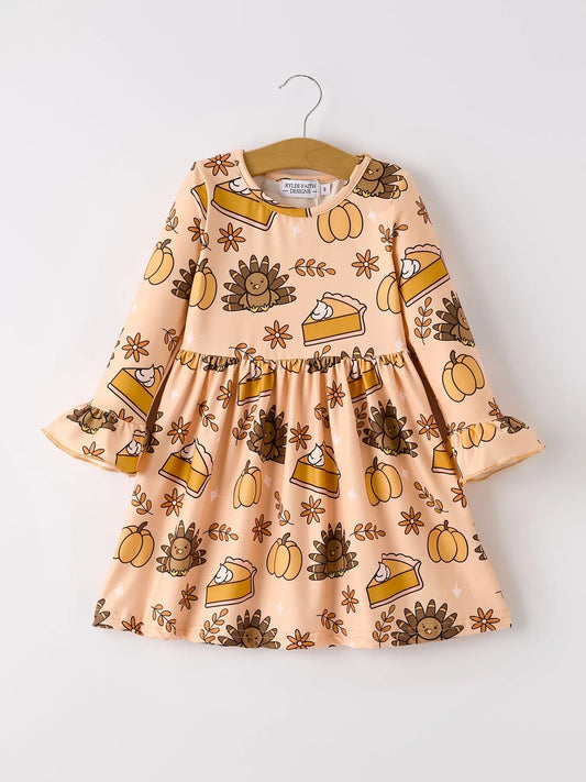 Thanksgiving Day Turkey Pie Print Ruffle Sleeve Dress for Kids Rylee Faith Designs Everetts Place: Online Boutique