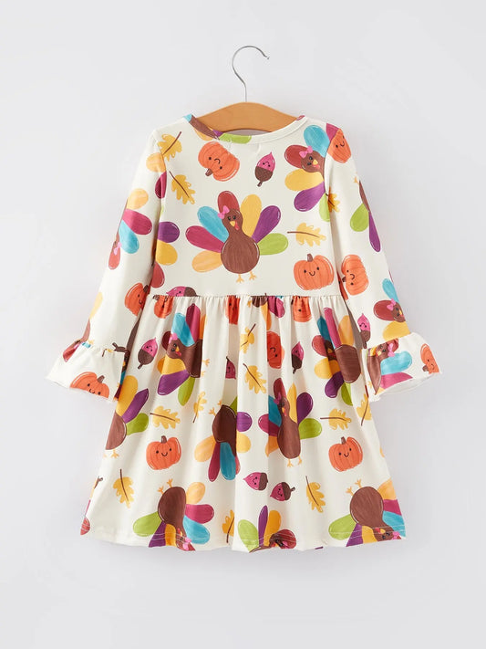 Thanksgiving Turkey Print Girls Dress Holiday Celebration Outfit Rylee Faith Designs Everetts Place: Online Boutique