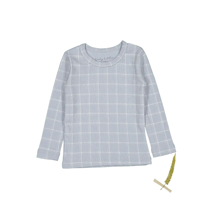 The Printed Long Sleeve Tee - Blue Grid - Sleeve, White, Textile, Plaid, Grey | Everetts Place