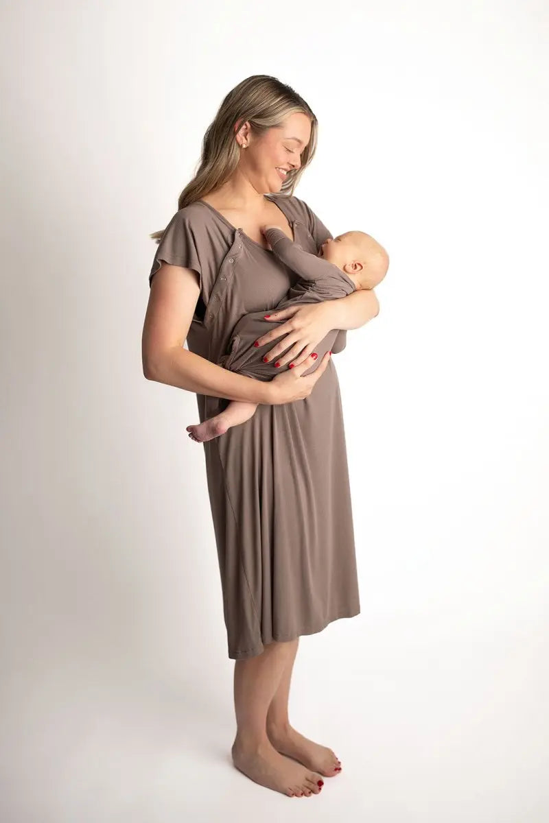 Three Little Tots Cocoa Brown Ribbed Knotted Newborn Baby Gown - 