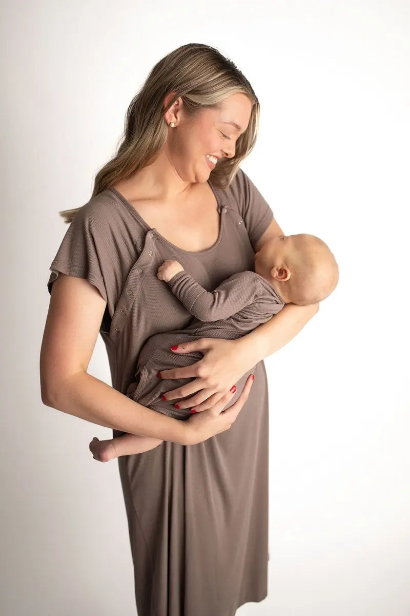 Three Little Tots Cocoa Brown Ribbed Knotted Newborn Baby Gown - 