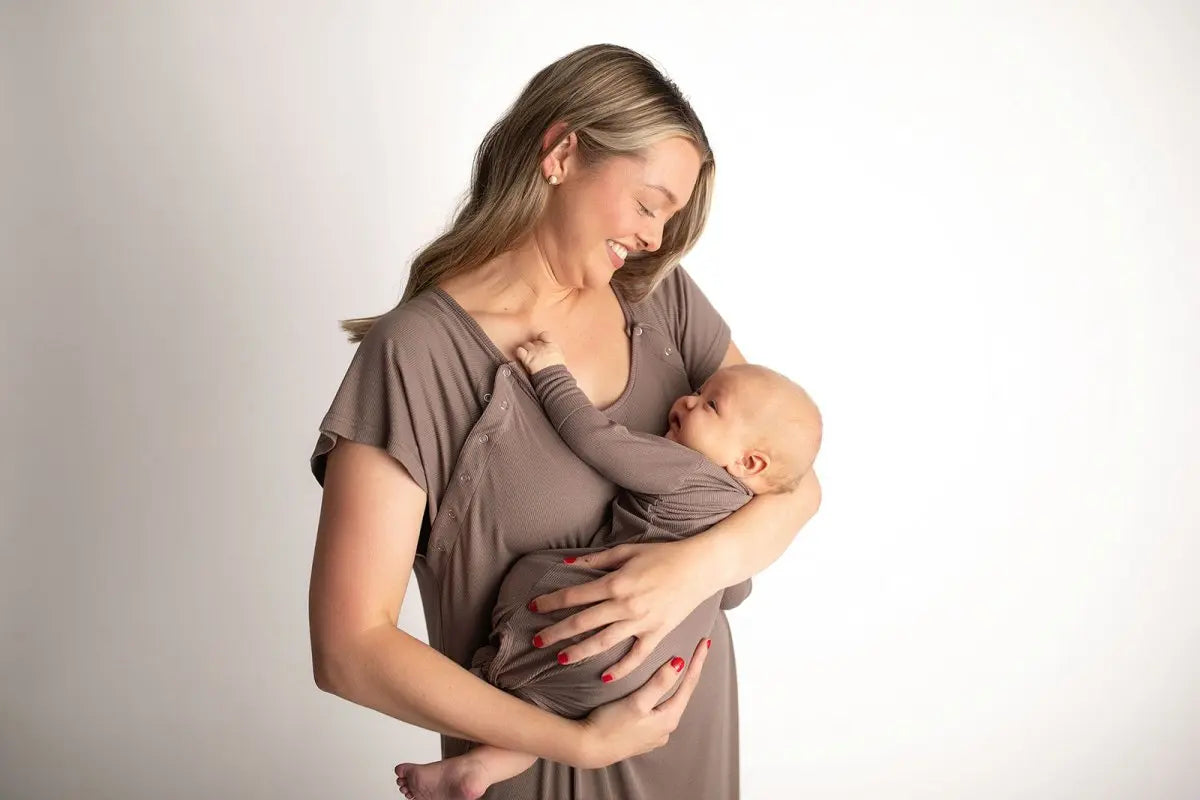 Three Little Tots Cocoa Brown Ribbed Knotted Newborn Baby Gown - 