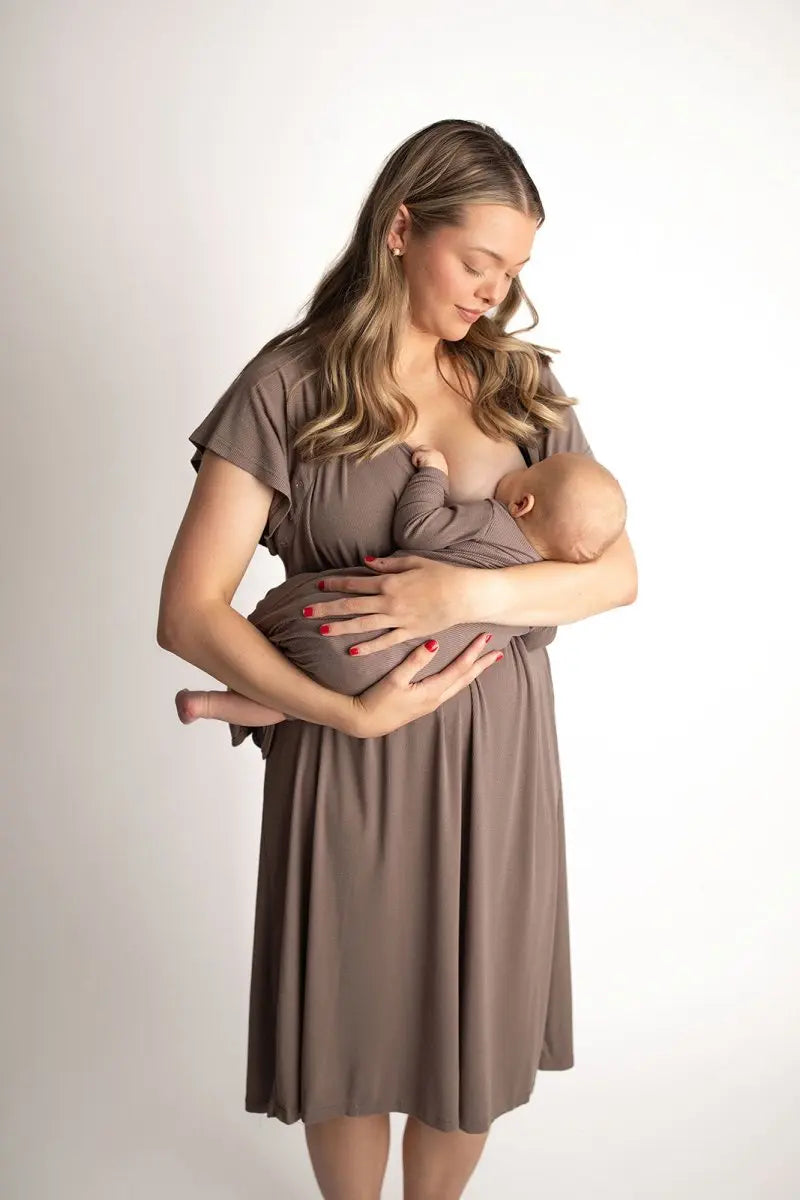 Three Little Tots Cocoa Brown Ribbed Knotted Newborn Baby Gown - 