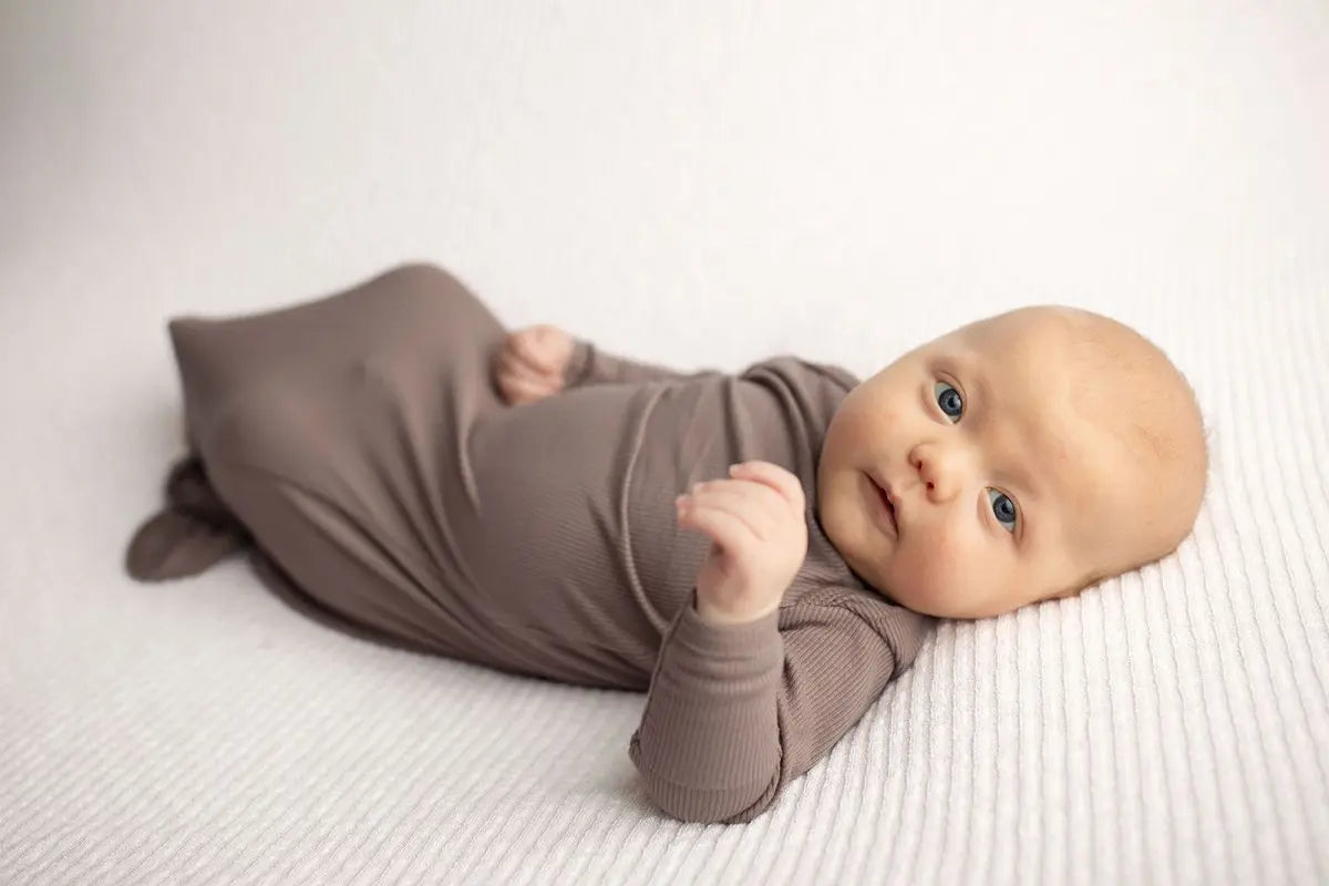 Three Little Tots Cocoa Brown Ribbed Knotted Newborn Baby Gown - 