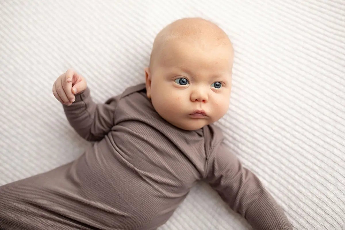 Three Little Tots Cocoa Brown Ribbed Knotted Newborn Baby Gown - 