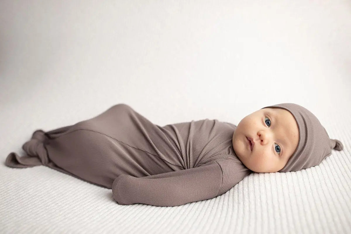 Three Little Tots Cocoa Brown Ribbed Knotted Newborn Baby Gown - 