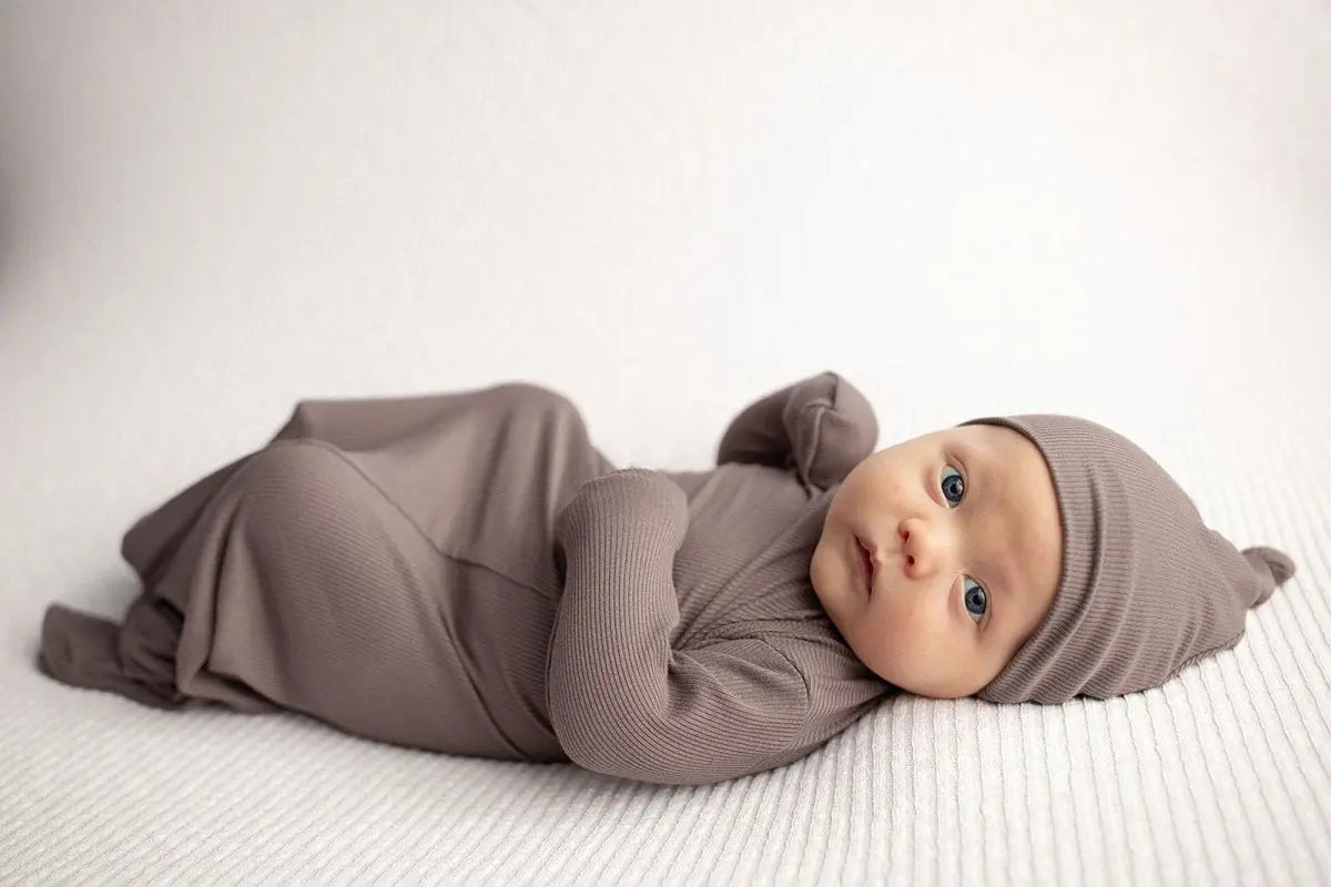 Three Little Tots Cocoa Brown Ribbed Knotted Newborn Baby Gown - 