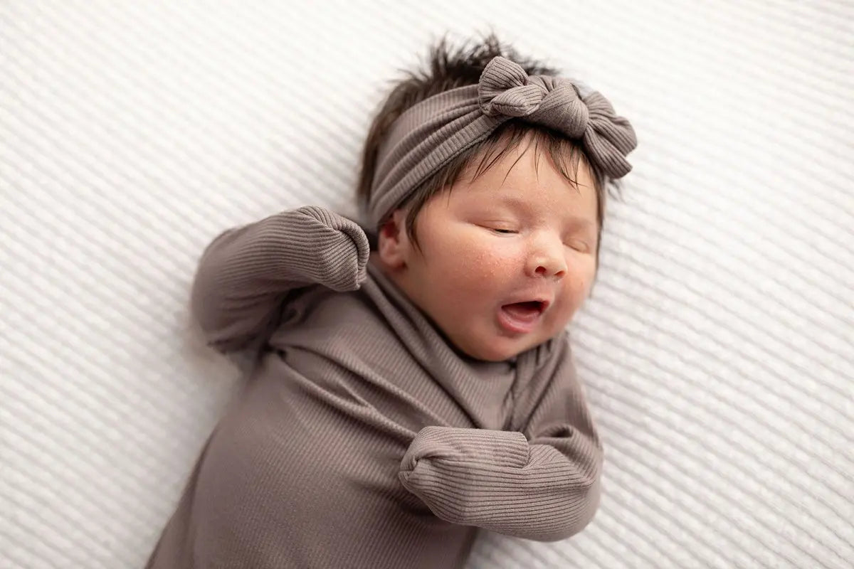 Three Little Tots Cocoa Brown Ribbed Knotted Newborn Baby Gown - 
