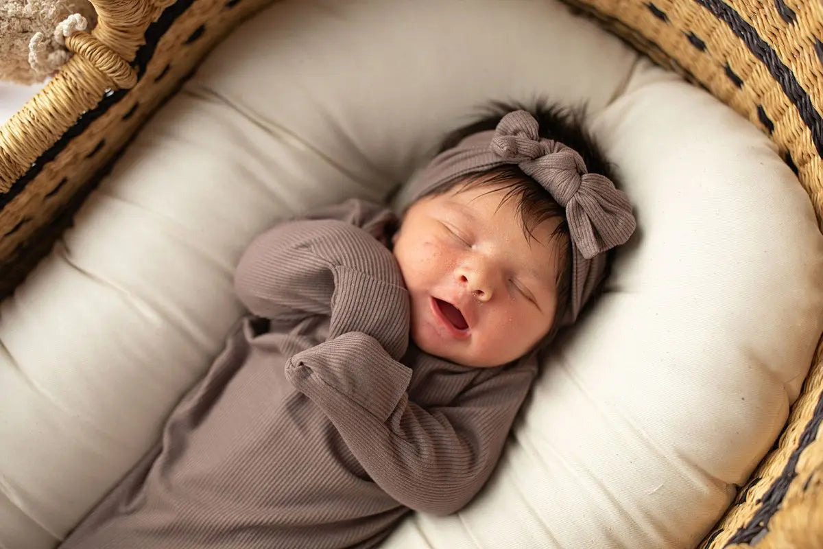 Three Little Tots Cocoa Brown Ribbed Knotted Newborn Baby Gown - 