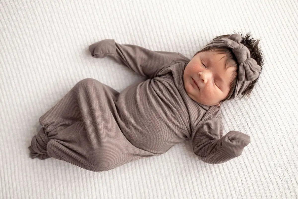 Three Little Tots Cocoa Brown Ribbed Knotted Newborn Baby Gown - 