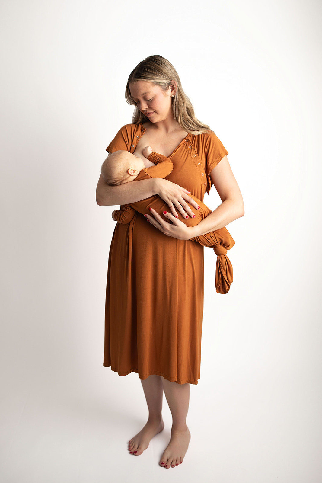 Three Little Tots saddle tan maternity nursing gown. Soft organic cotton.