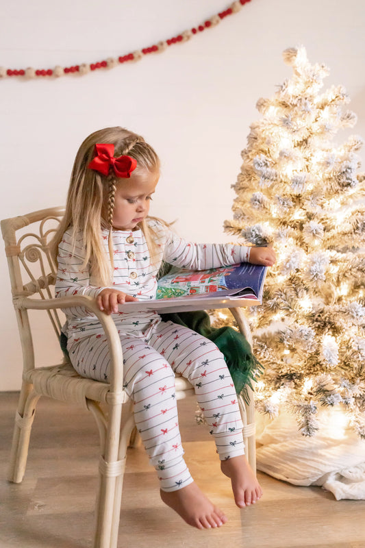 Tied With a Bow Christmas 2Pc Henley Bamboo Pajamas Little Joy Co. Everetts Place: Online Boutique