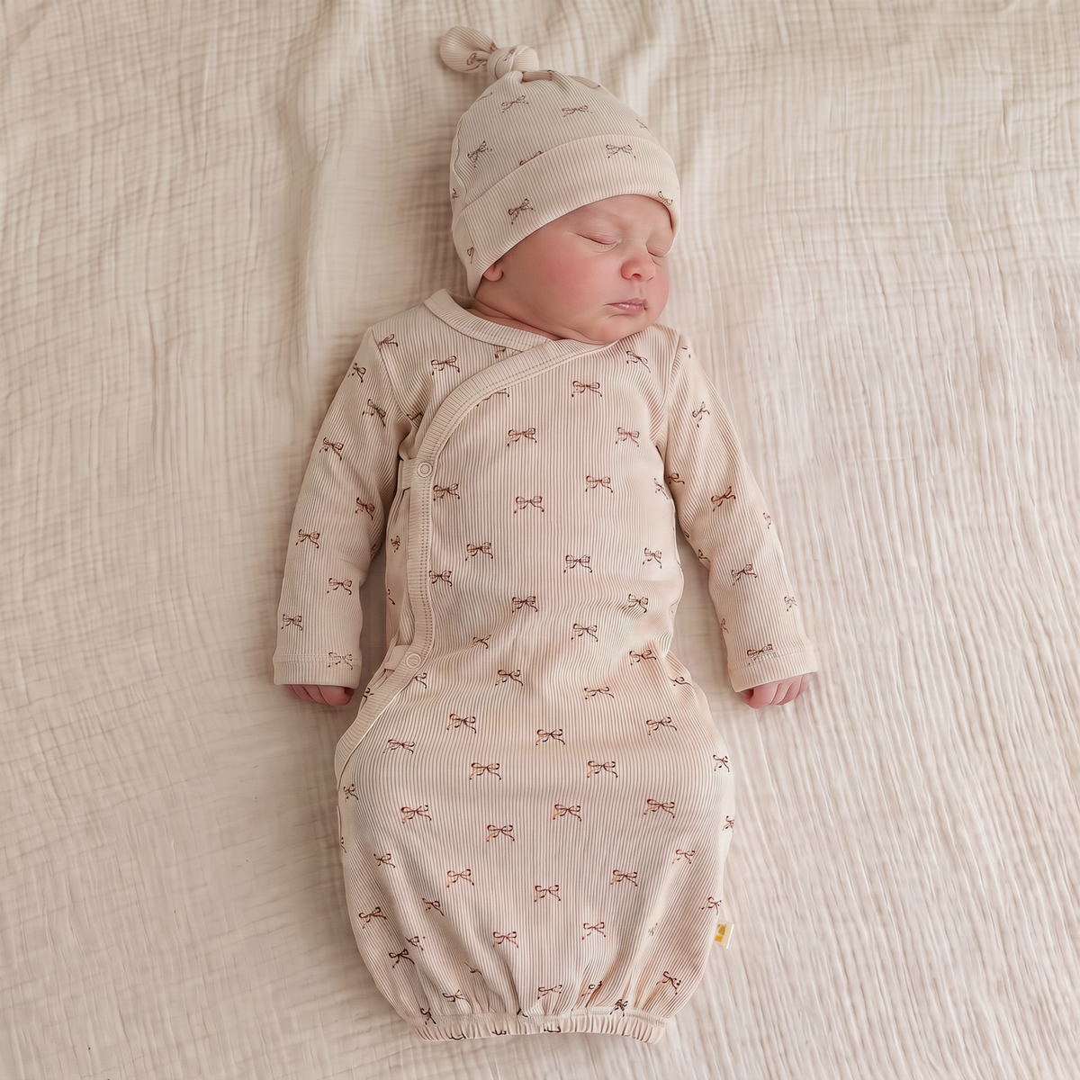 Infant kimono sleep gown with tiny bow print and elasticated bottom, shown with matching hat