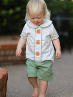 Boy's two-piece cotton set with pumpkin appliques for fall and Halloween.