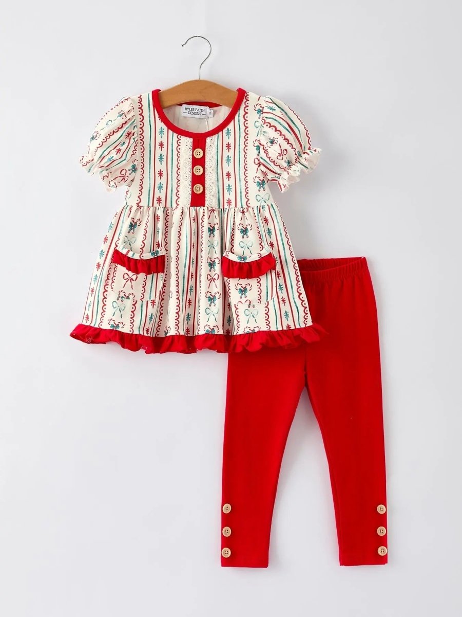 Toddler Girl Christmas Outfit Puff Sleeve Top Red Leggings Rylee Faith Designs Everetts Place Boutique