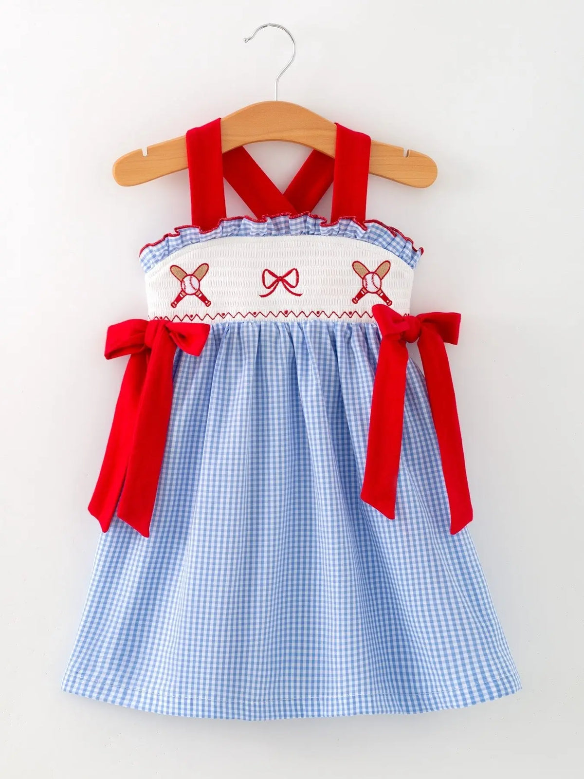 Rylee Faith Designs Toddler Girls Baseball Smocked Dress – Blue Plaid Summer Outfit - 