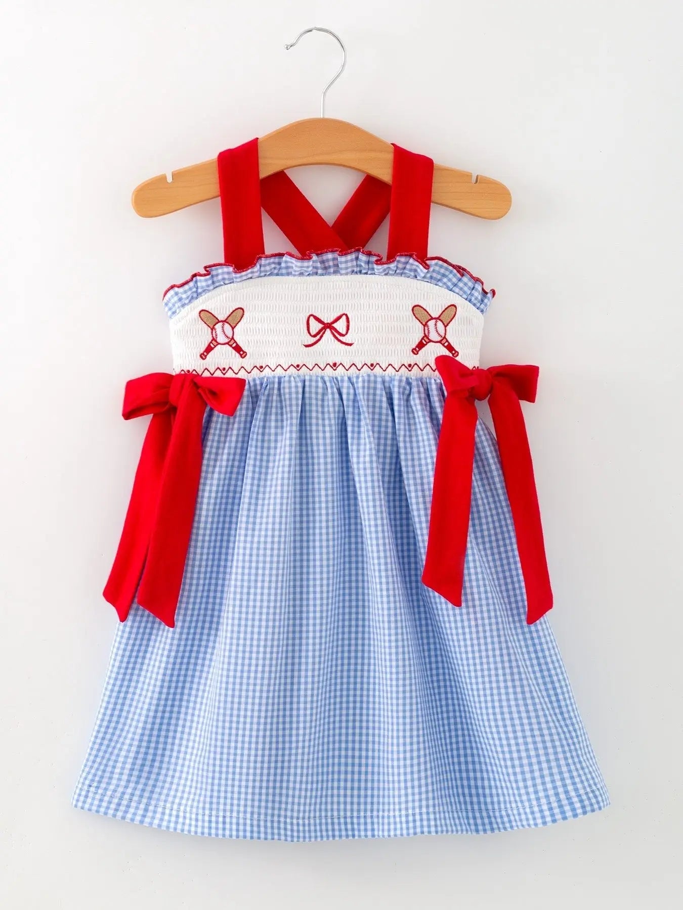 Rylee Faith Designs Toddler Girls Baseball Smocked Dress – Blue Plaid Summer Outfit - 