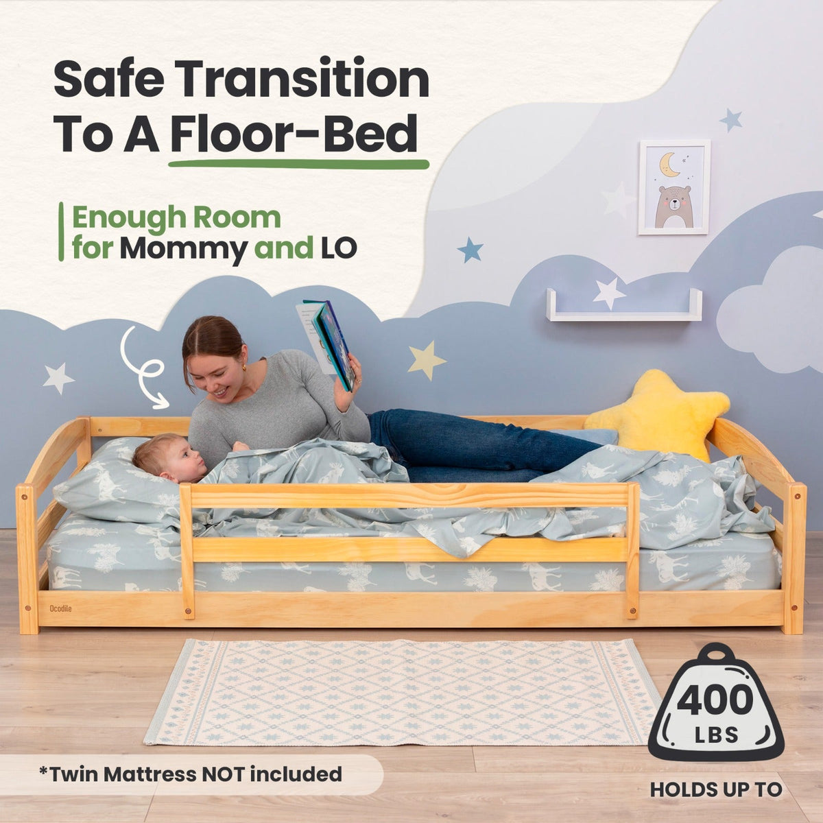 Twin Size Montessori-Inspired Floor Bed with Safety Guardrails for Kids by Ocodile.com