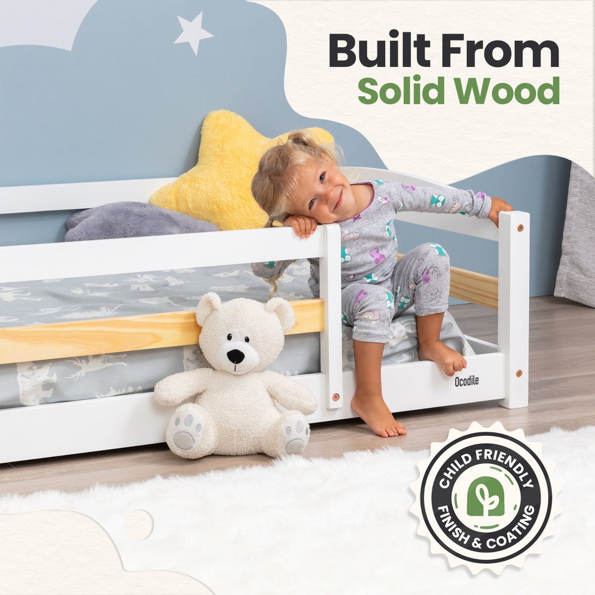Twin Size Montessori-Inspired Floor Bed with Safety Guardrails for Kids by Ocodile.com