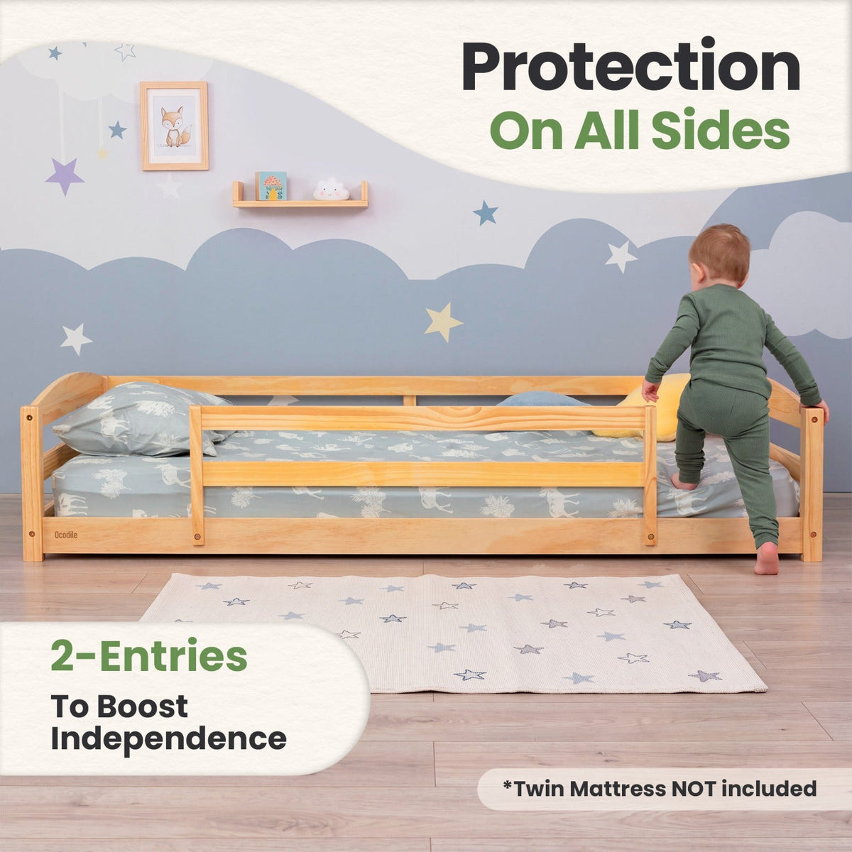 Twin Size Montessori-Inspired Floor Bed with Safety Guardrails for Kids by Ocodile.com