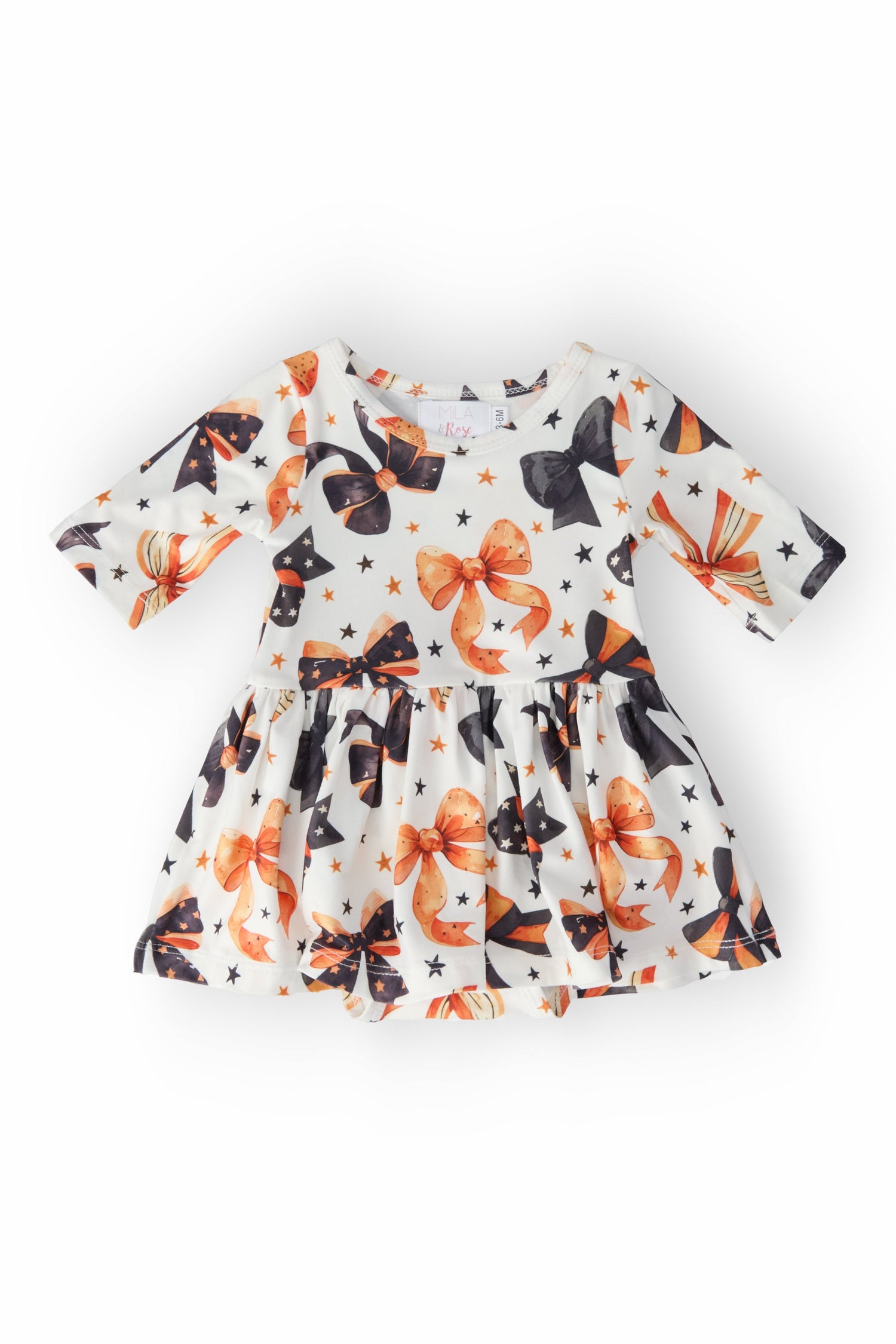Baby girl twirl bodysuit with 3/4 sleeves and a spinning Halloween-print skirt